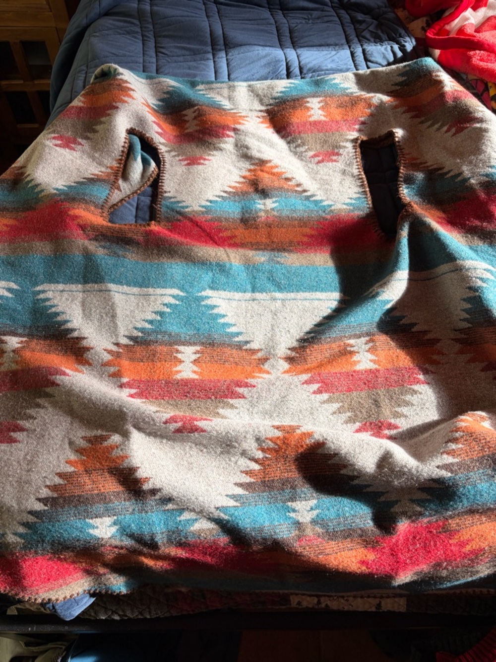 Southwestern Aztec Pattern Open Front Poncho - Teal, Rust, Gray - Picture 3 of 4